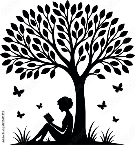 Person Reading Under A Tree vector black silhouette print design