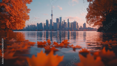 Toronto skyline with fall foliage and reflections in the water.