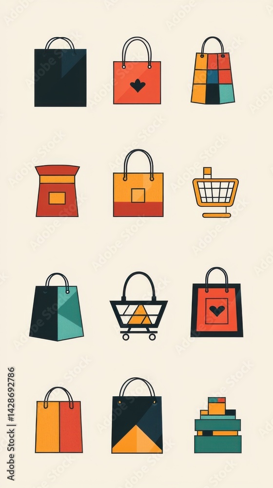 Array of shopping bags and a shopping cart in various colors and styles, including paper and reusable bags, for retail, shopping, and consumer lifestyle themes Array of shopping bags and a shopping cart in various colors and styles, including paper and reusable bags, for retail, shopping, and consumer lifestyle themes
