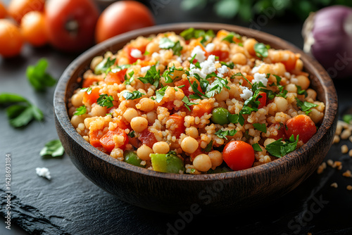 Moroccan Couscous styled on rustic black stone table with side ingredients