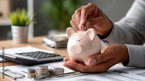Hand Inserting Coin Into Piggy Bank on Desk with Financial Papers