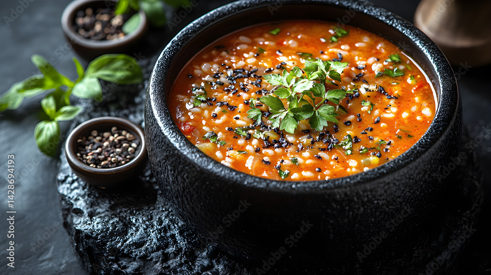 Moroccan Harira Soup presented on a black textured surface with elegant side garnishing