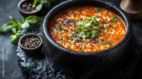 Obraz na płótnie Moroccan Harira Soup presented on a black textured surface with elegant side garnishing w salonie