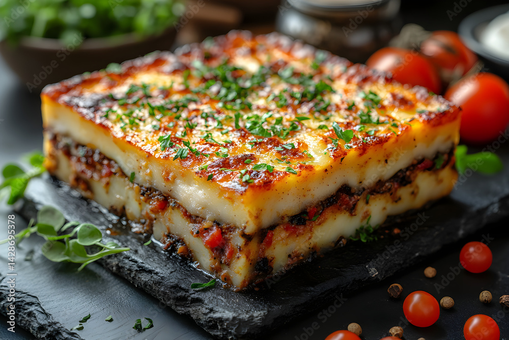 Moussaka styled on rustic black stone table with side ingredients