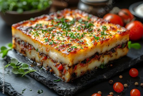 Obraz na płótnie Moussaka styled on rustic black stone table with side ingredients w salonie