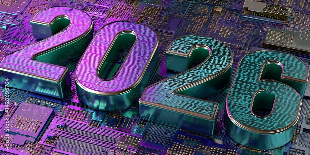 new year 2026 digital background with futuristic circuit board structure