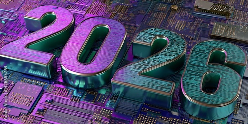 new year 2026 digital background with futuristic circuit board structure