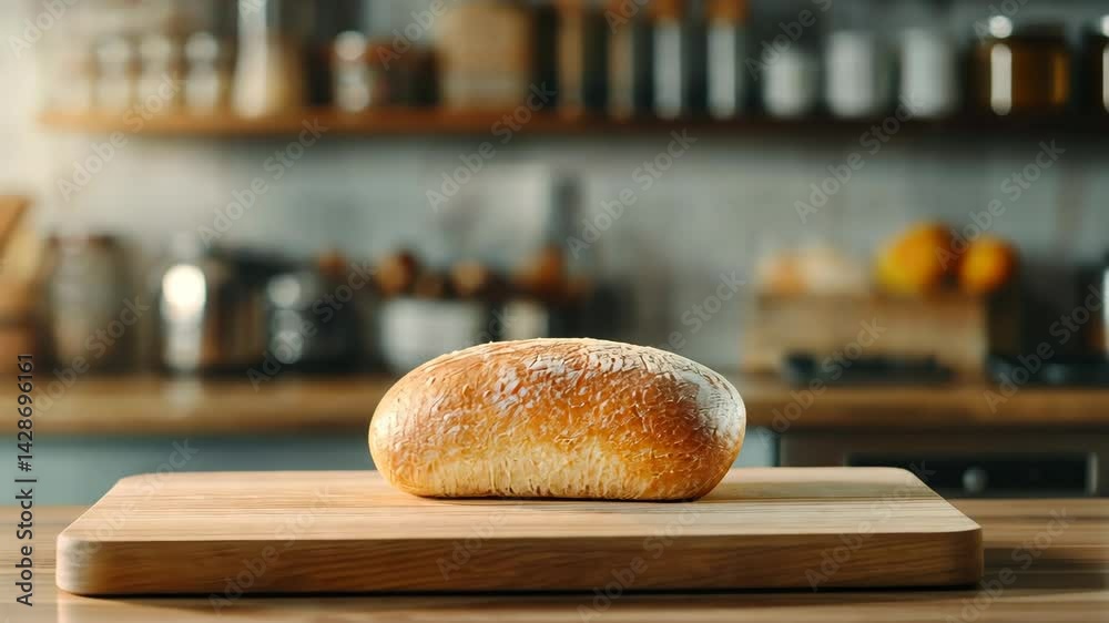 Freshly baked rustic bread on wooden cutting board in warm kitchen