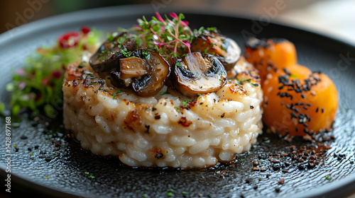 Obraz na płótnie Mushroom Risotto presented on a black textured surface with elegant side garnishing w salonie