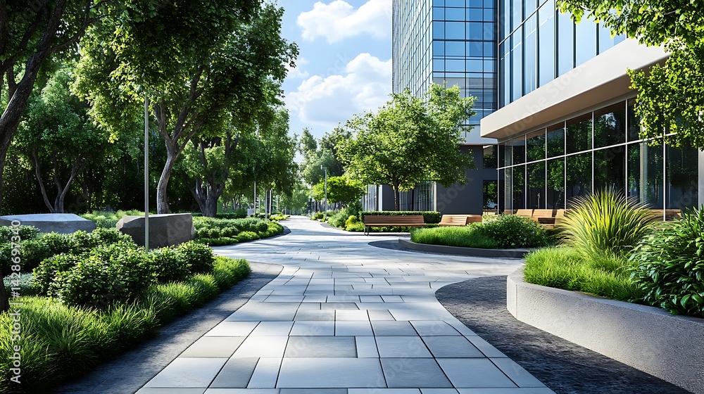 Naklejka premium Modern urban oasis walkway flanked by office building and lush greenery.