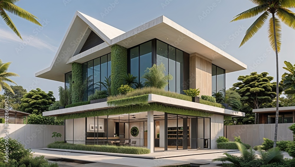 Fototapeta premium Luxurious modern home blends architecture and nature featuring green walls and tropical landscape in a sunny setting