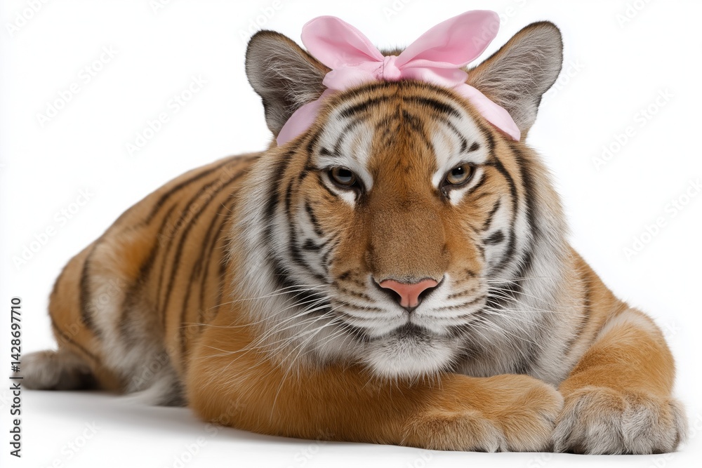 Obraz premium A tiger with a pink bow on its head is laying on a white background. Concept of playfulness and whimsy, as the tiger is dressed up in a human-like manner