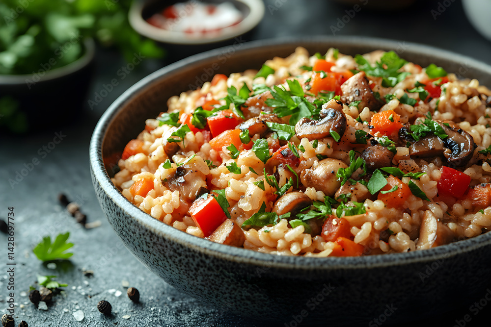 Mushroom Risotto styled on dark grey background with clean plating and props