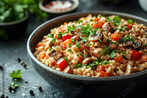 Obraz na płótnie Mushroom Risotto styled on dark grey background with clean plating and props w salonie