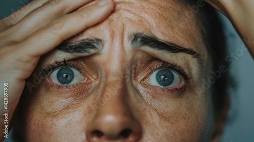 Wallpaper Mural Close-up of a worried Caucasian woman clutching her forehead, expressing deep concern. Torontodigital.ca