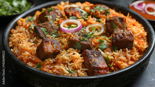 Obraz na płótnie Mutton Biryani presented on a black textured surface with elegant side garnishing w salonie