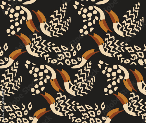 Tribal Animal Seamless Pattern – Toucans and Abstract Safari Motifs on Dark Background