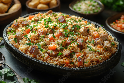 Obraz na płótnie Mutton Biryani styled on dark grey background with clean plating and props w salonie