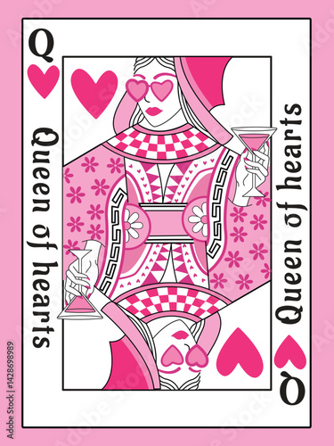 Queen of Hearts Card Illustration – Modern Pink Playing Card Design with Fun Party Vibes