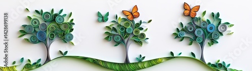 Three paper quilled trees with butterflies on a white background.