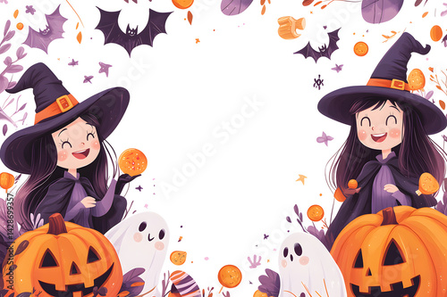 Halloween frame border decoration with witch Girls, friend, children. happy halloween card, banner, poster, clip art elements with copy space at the center