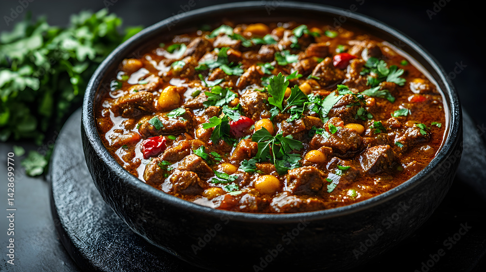 Mutton Curry presented on a black textured surface with elegant side garnishing