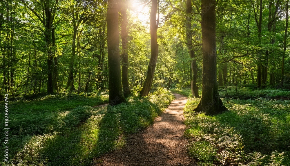 Obraz premium Sun Dappled Forest Path Lush Green Woodland