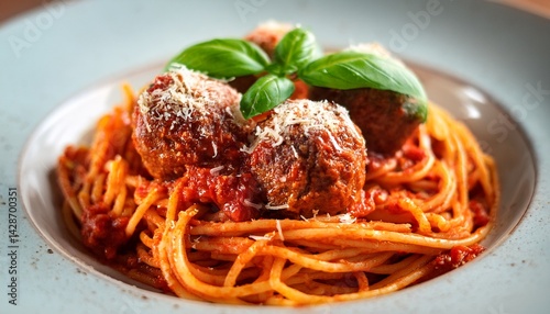 close up a plate of spaghetti with rich marinara sauce topped with fresh basil grated parmesan and a few meatballs