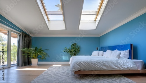 bright and airy bedroom with white bedding and skylights illuminating a calming blue wall