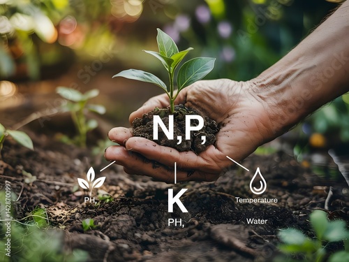 Hands Holding a Seedling with NPK Fertilizer and Growing Conditions