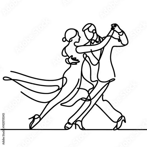 Elegant couple dancing tango in minimalist line art  