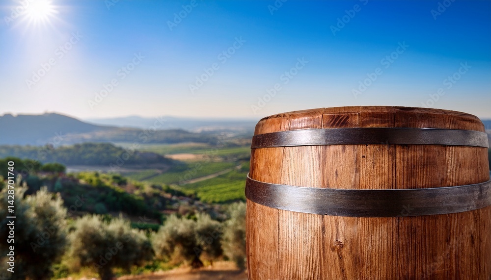 Naklejka premium close view of the top half of a wooden barrel with metal hoops placed on the side of the image over a mediterranean countryside landscape advertising mockup space for products