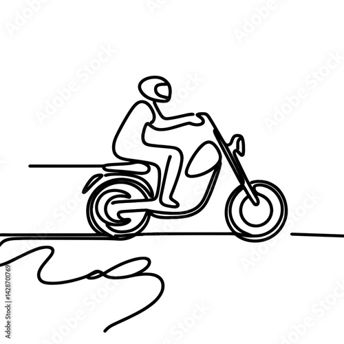 Continuous line drawing of a motorcyclist riding fast  