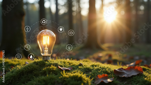 Sustainable energy sources, light bulb and icons