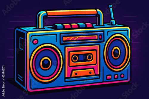 Vibrant neon illustration of a retro cassette boombox with bright colors and bold lines.