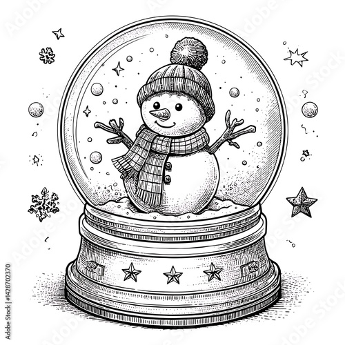 A charming hand drawn snowman inside a snow globe with holiday elements