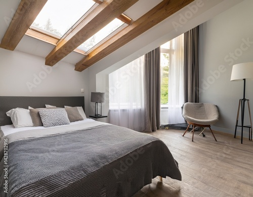 cozy minimalist bedroom interior with skylights concrete beams and a clean design aesthetic