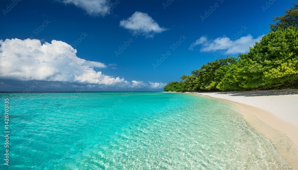 Naklejka premium clear turquoise waters gently lap against a sandy shore surrounded by vibrant green trees brilliant blue skies and scattered clouds create a peaceful atmosphere
