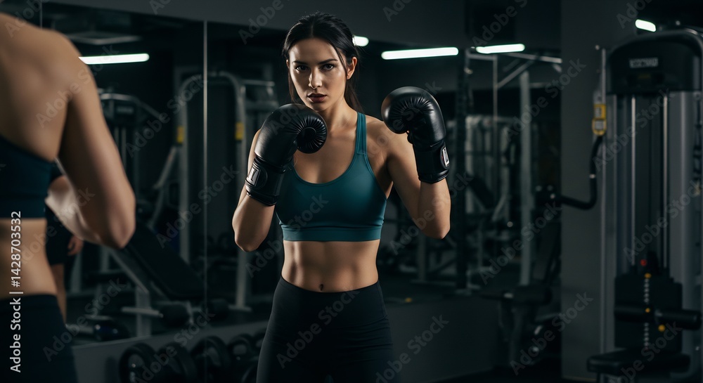 Fototapeta premium Confident Female Boxer in a Modern Gym Preparing for a Workout, Wearing Boxing Gloves and Athletic Wear