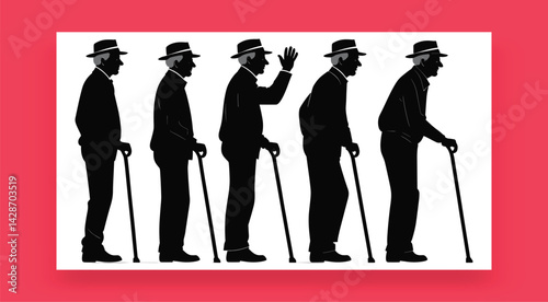 Old Age Sequence Showing Aging Men Walking With A Cane Silhouette Style