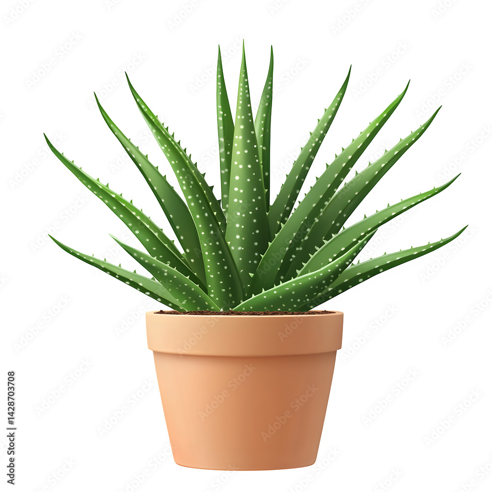 Fototapeta premium A 2D front view of a potted green aloe vera plant, ceramic pot, detailed leaves, isolated on white