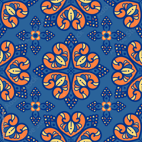 25041404 Hand drawn seamless pattern ornaments on blue background