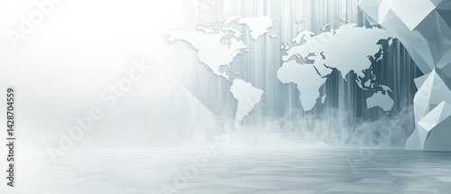 Fototapeta Naklejka Na Ścianę i Meble -  White world map with a foggy background and geometric structures in the foreground.