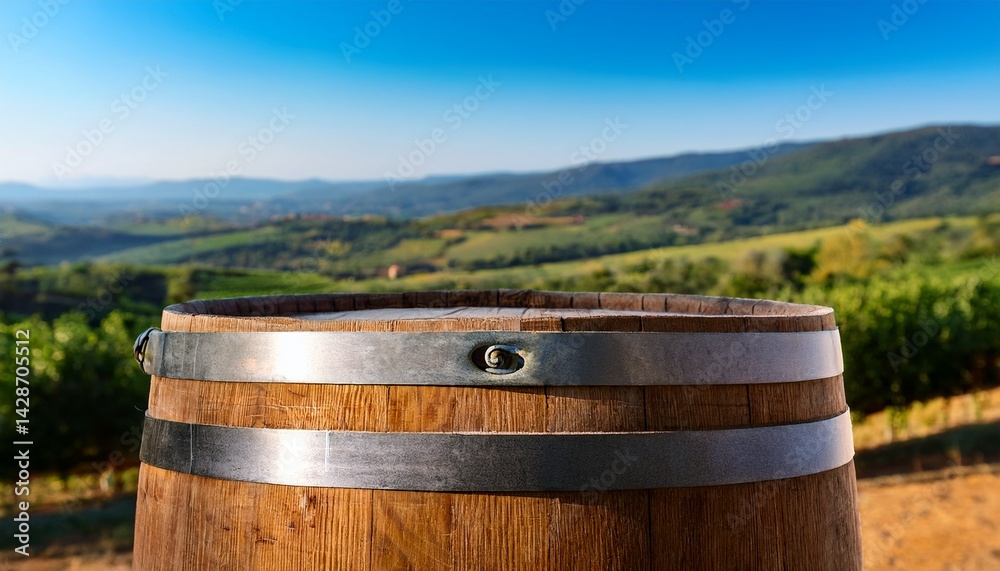 Fototapeta premium close view of the top half of a wooden barrel with metal hoops placed in the center of the image against a mediterranean countryside landscape advertising mockup space for products