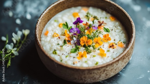 Creamy risotto garnished with edible flowers in a rustic bowl.