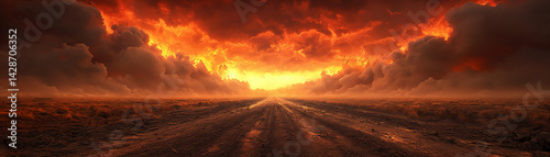 desolate road covered in ash under volcanic ash cloud and fiery sky,