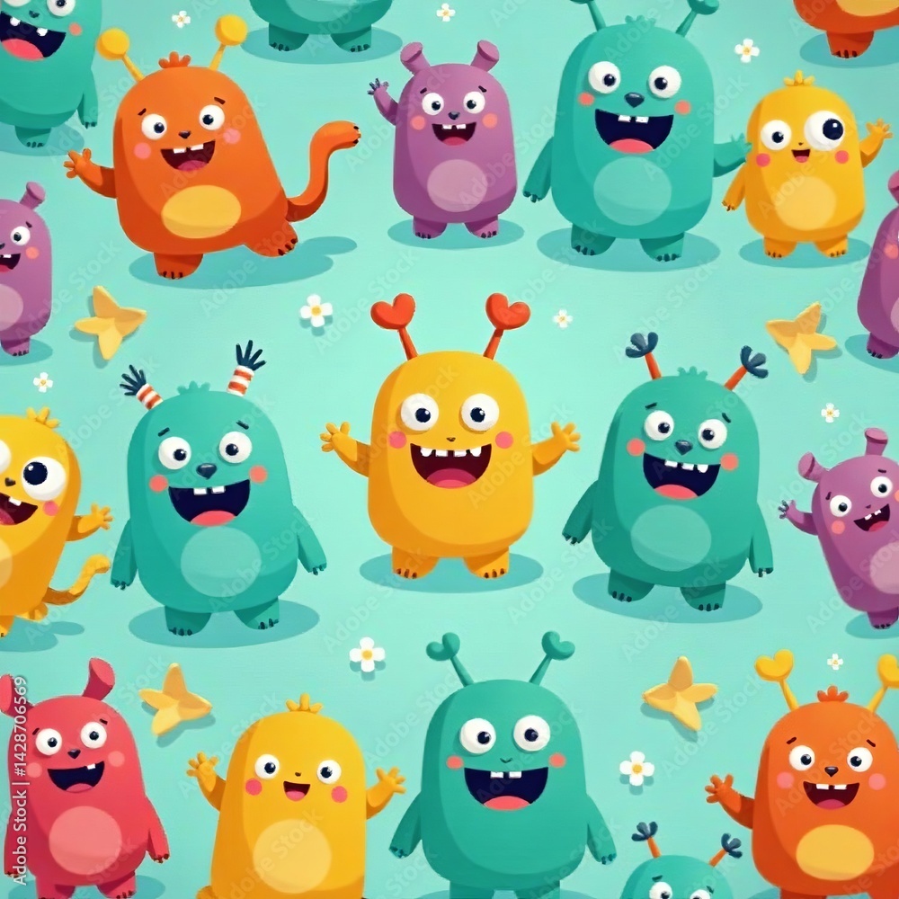 Naklejka premium Adorable monster characters in a cute seamless design, fun, cute, colorful