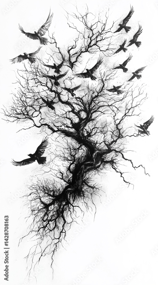 Fototapeta premium A striking black and white illustration of a tree intertwined with flying birds, symbolizing freedom and nature's beauty.