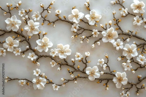 The art of sculpting delicate cherry blossoms in 3D stucco.