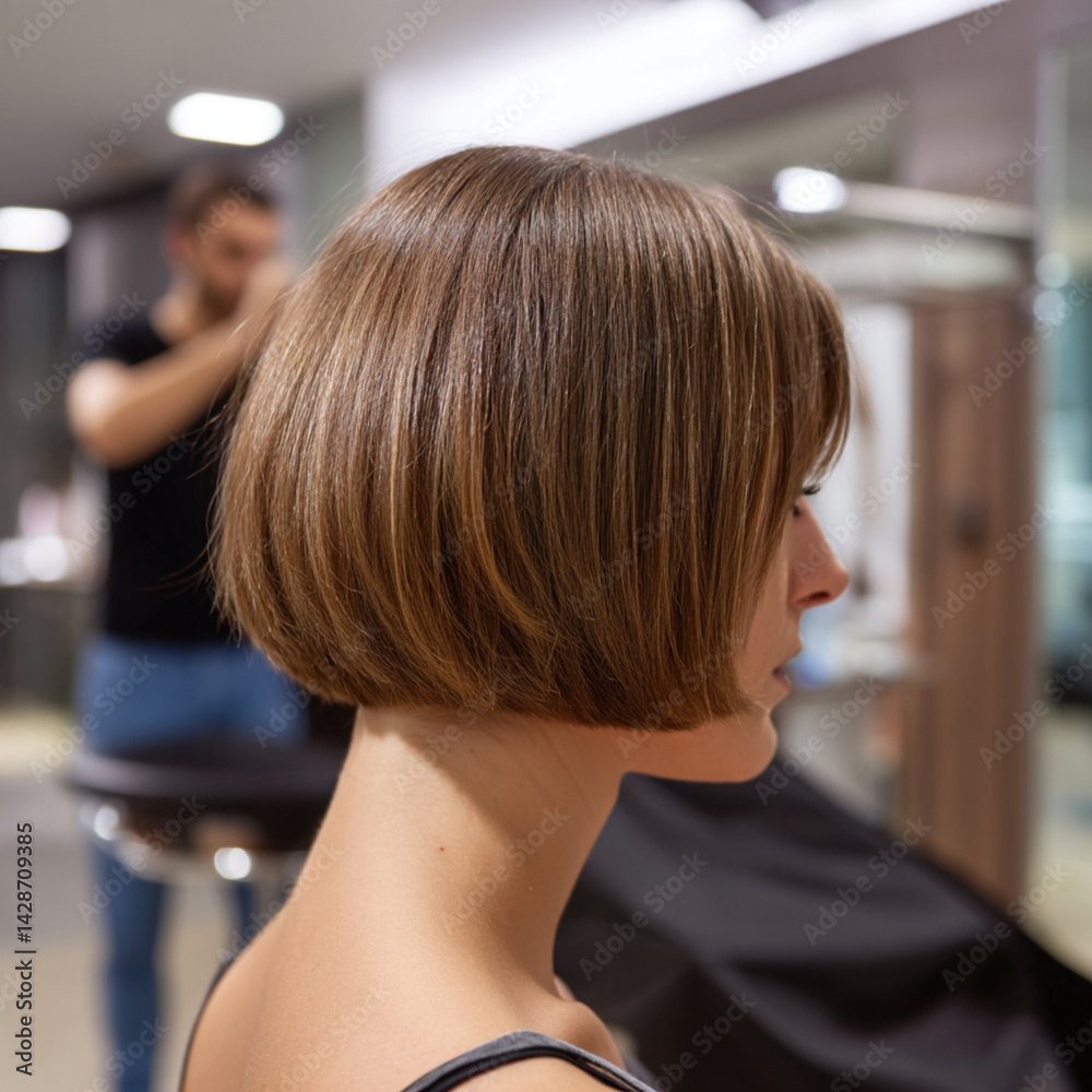 Fototapeta premium female with Bob hairstyle short neck, blurred background, hairdressing room 